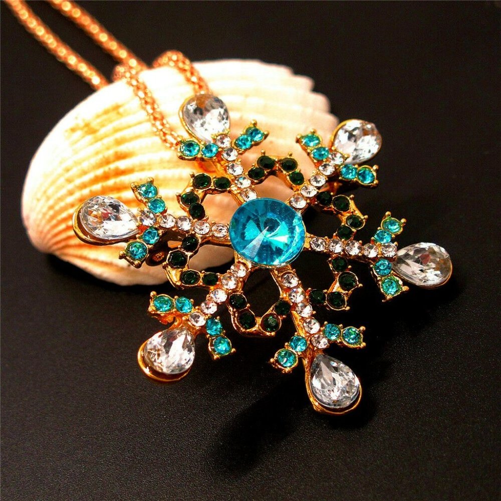 BLUE Crystal Snowflake NECKLACE OR PIN